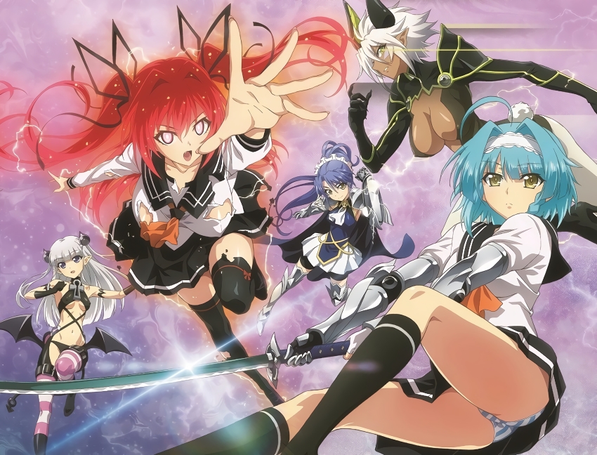 10s 5girls ahoge arm_strap arm_up armor armored_boots armpits bike_shorts black_cloak black_gloves black_panties black_ribbon black_shorts black_skirt black_socks blue_hair boots breasts brown_eyes clenched_hand cloak dark-skinned_female dark_skin demon_wings fang gauntlets gloves green_eyes hair_ribbon hairband high_heels high_ponytail highres holding holding_sword holding_weapon katana kneehighs large_breasts long_hair looking_at_viewer low_wings midriff miniskirt multiple_girls naruse_maria naruse_mio navel neckerchief nonaka_kurumi nonaka_yuki official_art orange_neckerchief outstretched_arm panties pink_eyes pleated_skirt pointy_ears ponytail purple_hair red_hair ribbon school_uniform shinmai_maou_no_testament shirt short_shorts shorts silver_hair skirt small_breasts smile socks stomach striped_clothes striped_legwear striped_panties striped_thighhighs sword thighhighs torn_clothes torn_legwear torn_shirt torn_skirt twintails underboob underwear very_long_hair weapon white_hairband white_shirt white_skirt wings yellow_eyes zest zettai_ryouiki