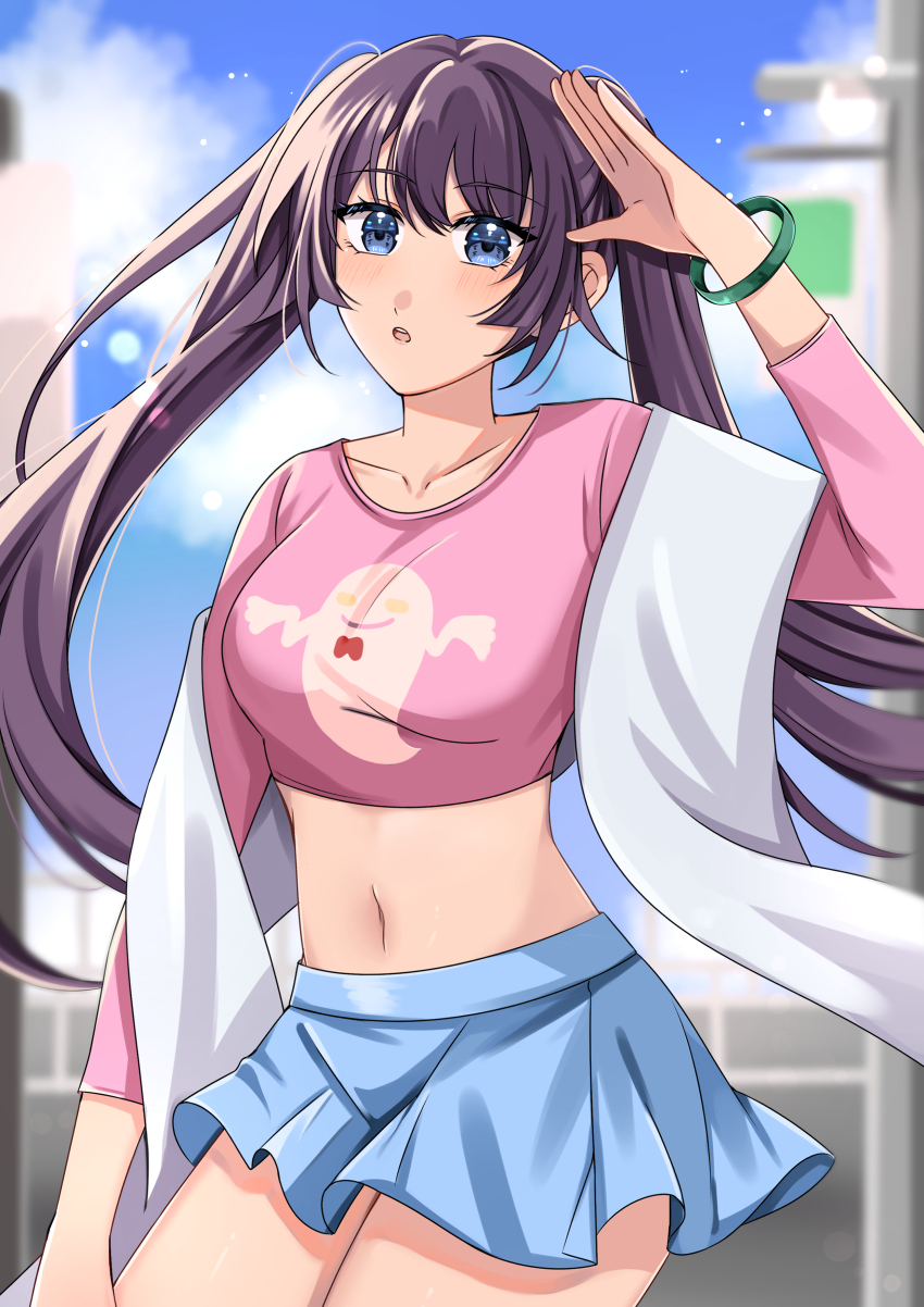 1girl absurdres arm_up armlet blue_eyes blue_skirt blush borrowed_hairstyle collarbone commentary ghost_print highres jewelry jmfz5558 light_particles long_hair long_sleeves looking_at_viewer monogatari_(series) navel outdoors pink_shirt pose_imitation purple_hair senjougahara_hitagi shirt skirt solo twintails