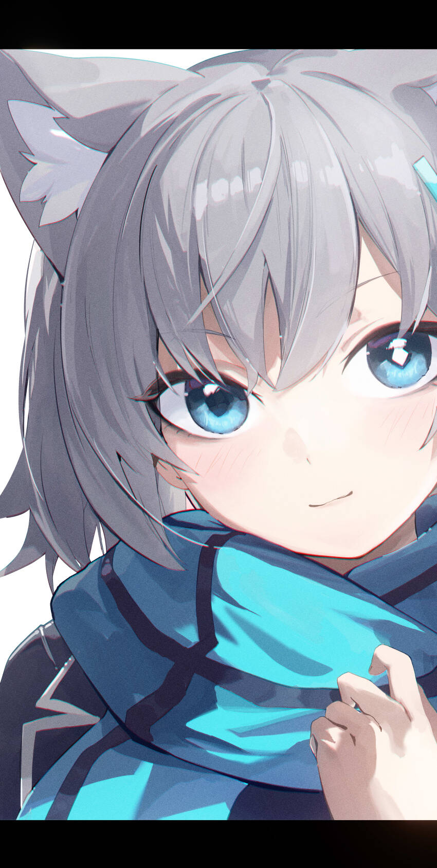 1girl absurdres animal_ear_fluff animal_ears blue_archive blue_eyes blue_jacket blue_scarf closed_mouth extra_ears grey_hair hair_between_eyes hayate_(1034853996) highres jacket long_hair looking_at_viewer scarf shiroko_(blue_archive) smile solo wolf_ears wolf_girl