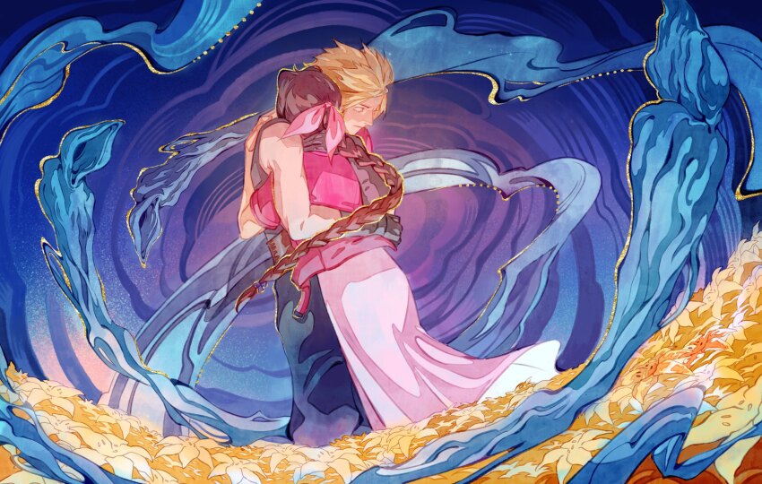 1boy 1girl 4threset aerith_gainsborough black_pants black_shirt blonde_hair braid brown_hair closed_eyes closed_mouth cloud_strife commentary cropped_jacket dress field final_fantasy final_fantasy_vii final_fantasy_vii_remake flower flower_field hair_ribbon hashtag-only_commentary highres hug jacket pants pink_dress pink_ribbon red_jacket ribbon shirt sleeveless sleeveless_shirt spiked_hair whispers_(ff7) yellow_flower