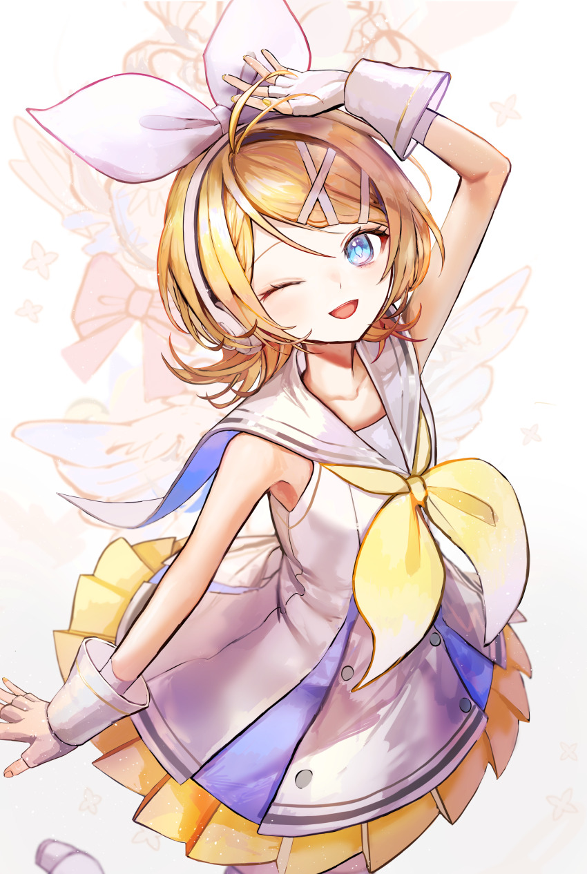 1girl absurdres ahoge arm_up blonde_hair blue_eyes bow commentary dress fingerless_gloves gloves hair_ornament hairband hairpin happy highres kagamine_rin looking_at_viewer mikumikudance multiple_hairpins nail_polish one_eye_closed open_mouth pipi_(pipinavigation) ribbon sailor_collar short_hair simple_background sleeveless sleeveless_dress smile solo sour_model_(mikumikudance) standing vocaloid white_background white_bow white_gloves yellow_nails yellow_ribbon
