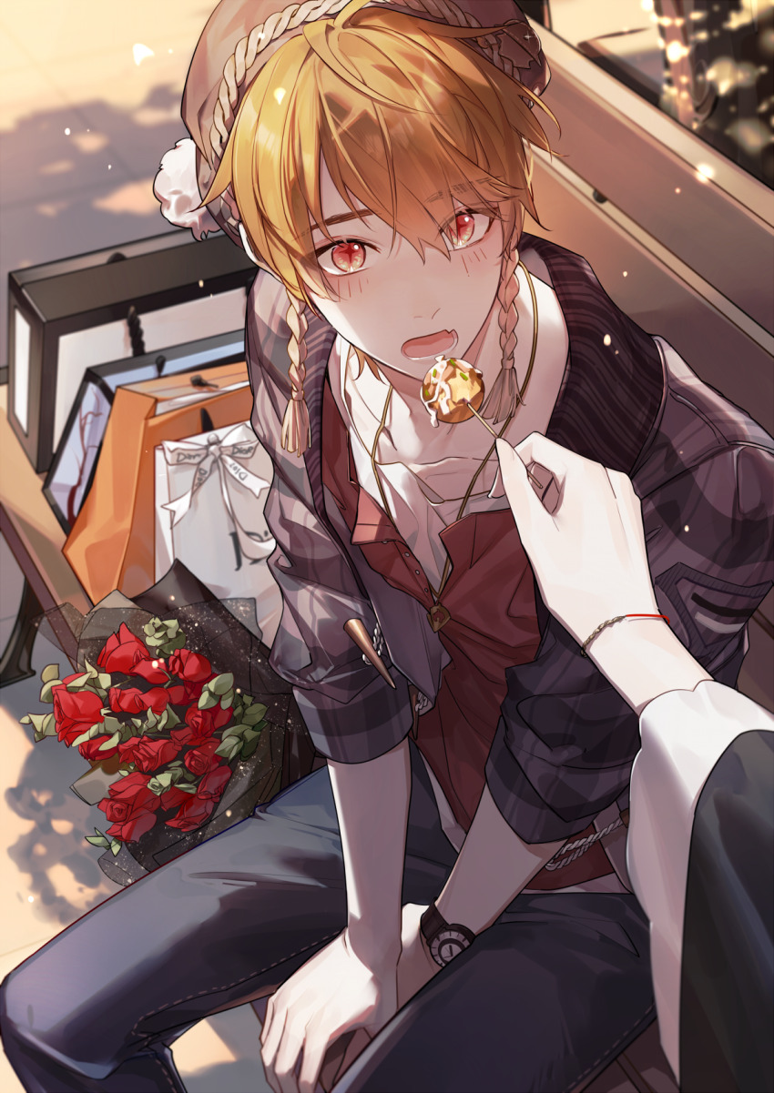 1boy 1girl bench black_jacket black_pants blonde_hair blue_pants blush bouquet box denim flower food gift hair_between_eyes hat highres holding jacket jewelry long_sleeves looking_at_viewer luke_pearce_(tears_of_themis) male_focus necklace open_clothes open_jacket open_mouth outdoors pants pov qinnye red_eyes red_flower red_rose red_shirt rosa_(tears_of_themis) rose shirt short_hair sitting solo_focus tears_of_themis teeth watch white_shirt wristwatch
