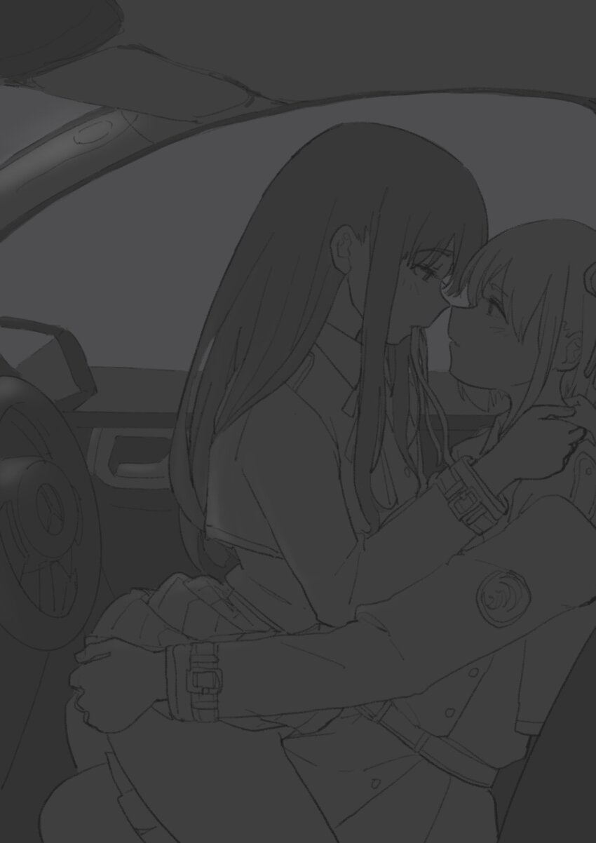 2girls blush car_interior clothes_lift commentary_request daimyo0208 eye_contact from_side greyscale highres inoue_takina long_hair long_sleeves looking_at_another lycoris_recoil lycoris_uniform mercedes-benz monochrome mouth_hold multiple_girls nishikigi_chisato profile ribbon ribbon_in_mouth short_hair sitting sitting_on_lap sitting_on_person skirt skirt_lift steering_wheel yuri