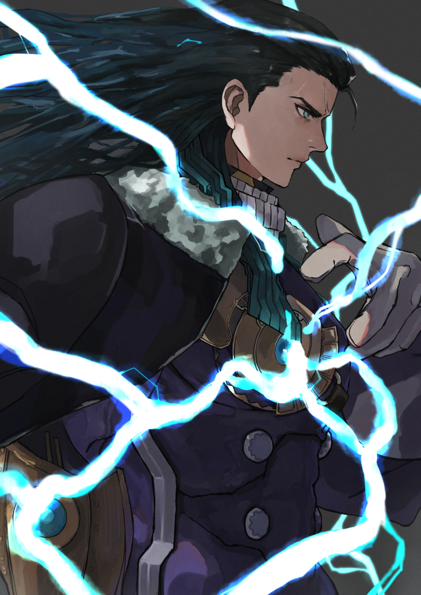 1boy black_hair blue_eyes coat coat_on_shoulders electricity fate/grand_order fate_(series) gauntlets gloves grey_background highres long_hair male_focus neko_no_kedama nikola_tesla_(fate) profile single_gauntlet solo white_gloves