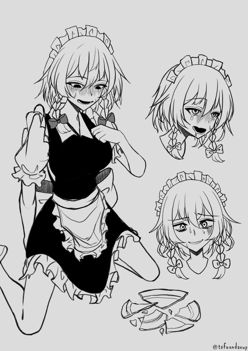 1girl absurdres apron blush bow braid broken_plate collared_dress crying crying_with_eyes_open dress frilled_apron frills grey_background hair_bow hand_up highres izayoi_sakuya kneeling maid_headdress parted_lips plate puffy_short_sleeves puffy_sleeves short_sleeves side_braid simple_background solo sweat tears tofuandsoup touhou turn_pale twin_braids waist_apron