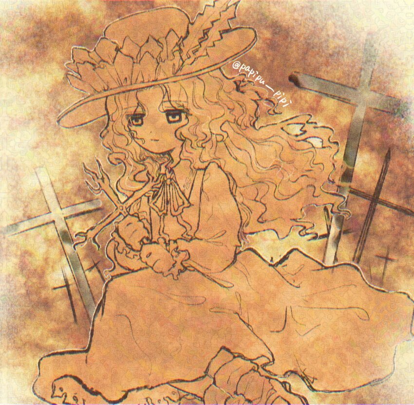 1girl adversarial_noise ankle_socks closed_mouth collared_shirt commentary_request cross dolls_in_pseudo_paradise expressionless frilled_hat frills hat holding holding_cross jacket_girl_(dipp) long_hair long_sleeves mary_janes monochrome papipu_pipi sepia shirt shoes sitting skirt socks touhou vest wavy_hair
