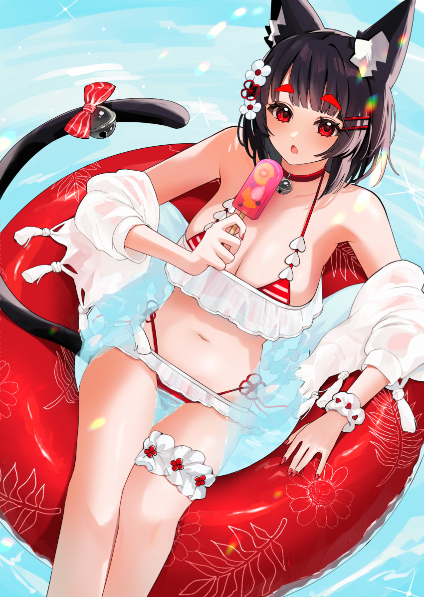 1girl afloat alternate_costume animal_ear_fluff animal_ears azur_lane bell bikini black_hair cat_ears cat_girl cat_tail food frilled_bikini frills hair_ornament highres holding holding_food holding_popsicle innertube jacket looking_at_viewer mismatched_eyebrows neck_bell off_shoulder open_clothes open_jacket open_mouth popsicle red_bikini red_eyes scrunchie short_hair swim_ring swimsuit tail tail_bell tail_ornament thigh_scrunchie white_jacket wrist_scrunchie yamaha_tsui yamashiro_(azur_lane)