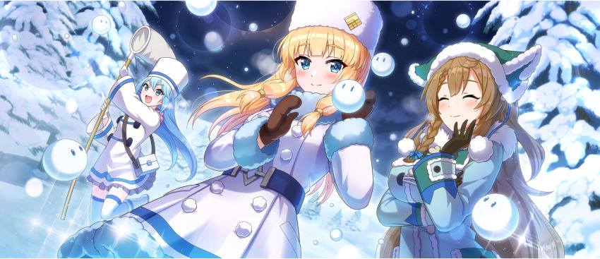3girls :d amy_(konosuba) animal_ear_headwear ankle_boots aqua_(konosuba) arm_under_breasts bag beanie belt blonde_hair blue_belt blue_eyes blue_hair blunt_bangs blush boots braid braided_sidelock breath brown_gloves brown_hair brown_mittens buttons cecily_(konosuba) closed_mouth coat creature double-breasted duffel_coat fake_animal_ears fur-trimmed_coat fur-trimmed_headwear fur_hat fur_trim game_cg gloves green_coat green_hat hair_tie hand_net hand_on_own_chin hand_up hands_up hat highres kono_subarashii_sekai_ni_shukufuku_wo! konosuba!_fantastic_days landscape leg_up light_smile long_hair looking_at_viewer low-tied_sidelocks mittens mole mole_under_eye multiple_girls night night_sky official_alternate_costume official_art open_mouth outdoors papakha pine_tree pom_pom_(clothes) shoulder_bag sidelocks sky smile snow snow_on_tree snowing thighhighs tree v-shaped_eyebrows very_long_hair white_coat white_footwear white_gloves white_hat white_thighhighs winter winter_clothes winter_coat