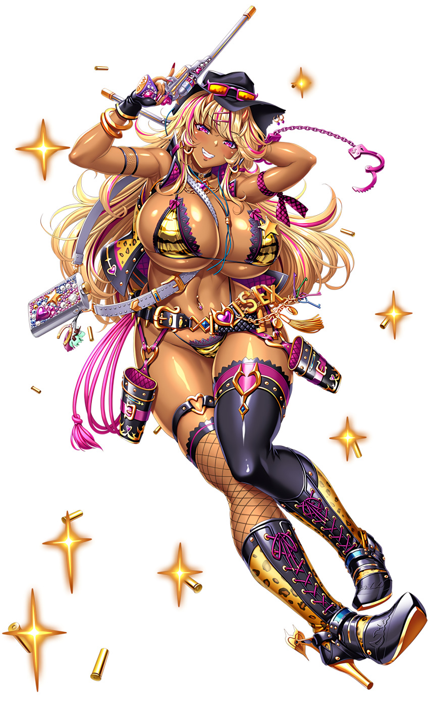 1girl bikini blonde_hair boots bra cowboy_boots cowboy_clothes cowboy_hat cowboy_position cowboy_shot curvy dark_skin francis_(taimanin_asagi) full_body gal gun gyaru hat highres holding holding_weapon lilith-soft lipstick long_hair makeup micro_bikini nail_polish official_art pink_eyes saijou_satoru shiny_skin smile swimsuit taimanin_(series) taimanin_rpgx thong_bikini underwear very_long_hair weapon wide_hips