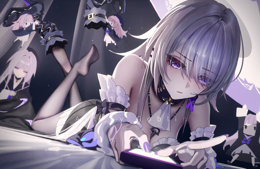 5girls bare_shoulders bed_sheet black_footwear black_pantyhose blush boots bow breasts cellphone chibi cleavage crossed_ankles curtains dress eyelashes feet feet_out_of_frame feet_up full_body grey_hair herta_(honkai:_star_rail) herta_(puppet)_(honkai:_star_rail) highres honkai:_star_rail honkai_(series) jewelry legs lying medium_breasts mr_goblin multiple_girls necklace on_stomach pantyhose parted_lips phone purple_bow purple_eyes purple_hair removing_shoes short_dress sitting smartphone soles the_herta_(honkai:_star_rail) the_pose toes