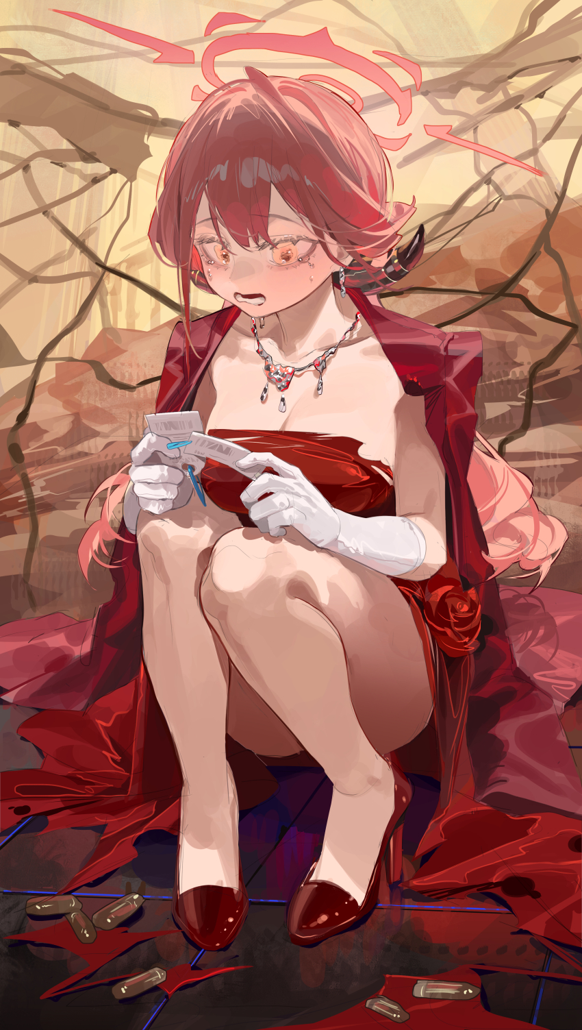1girl absurdres aru_(blue_archive) aru_(dress)_(blue_archive) blue_archive breasts bullet chinese_commentary cleavage coat coat_on_shoulders commentary demon_horns diamond_necklace dress earrings gloves halo highres horns jewelry large_breasts long_hair necklace official_alternate_costume omurice_(304975636) pink_hair pink_halo red_coat red_dress shell_casing squatting ticket wavy_ends white_gloves yellow_eyes
