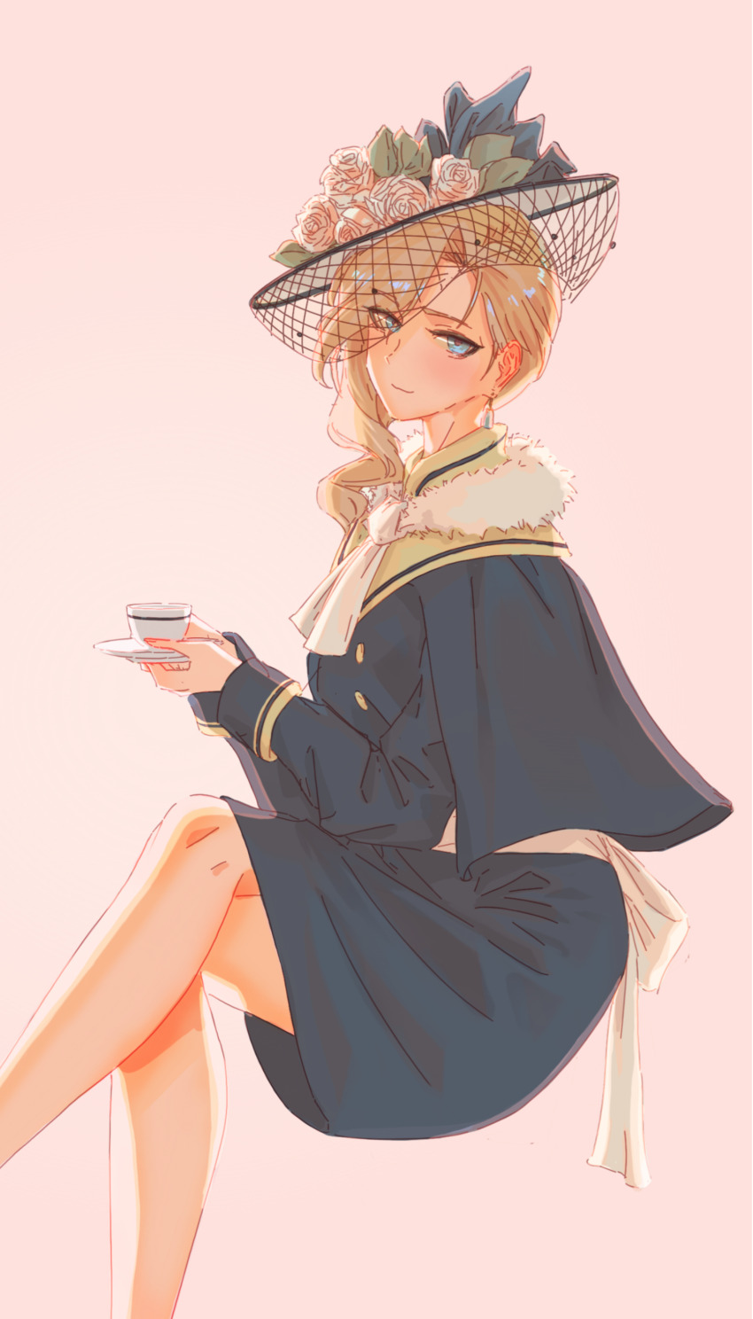 1girl absurdres azur_lane bare_legs blonde_hair blue_eyes blush closed_mouth commentary crossed_legs cup earrings flower from_side hat hat_flower highres holding holding_cup hood_(azur_lane) jewelry light_smile long_hair looking_at_viewer nutzlos_(pixiv_97134174) pink_background simple_background sitting solo teacup