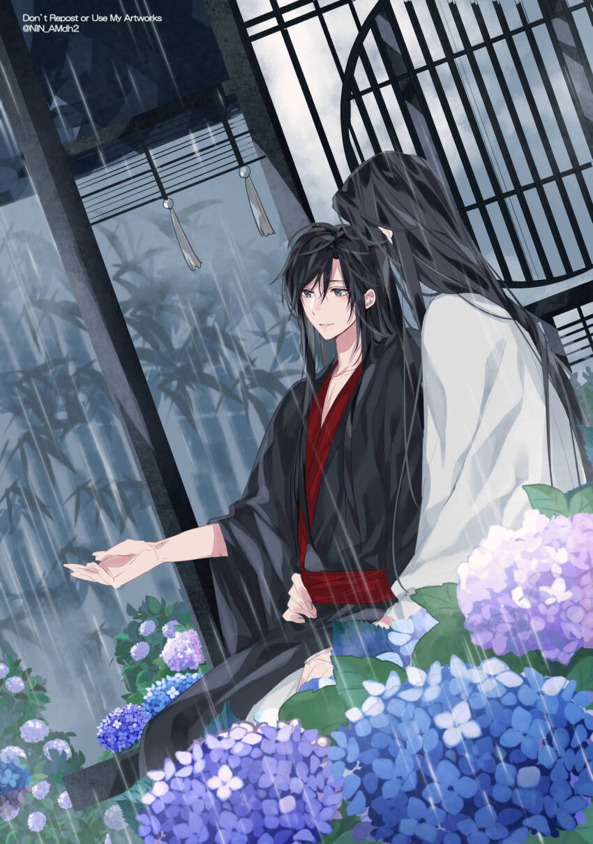 2boys alternate_hairstyle architecture bishounen black_eyes black_hair black_hanfu chinese_clothes east_asian_architecture english_text flower hair_down hand_on_another&#039;s_stomach hand_up hanfu highres hug hug_from_behind hydrangea hyottokoane lan_wangji leaf long_hair male_focus modao_zushi multiple_boys rain red_sash sash sitting sitting_on_lap sitting_on_person tassel twitter_username watermark wei_wuxian white_hanfu yaoi