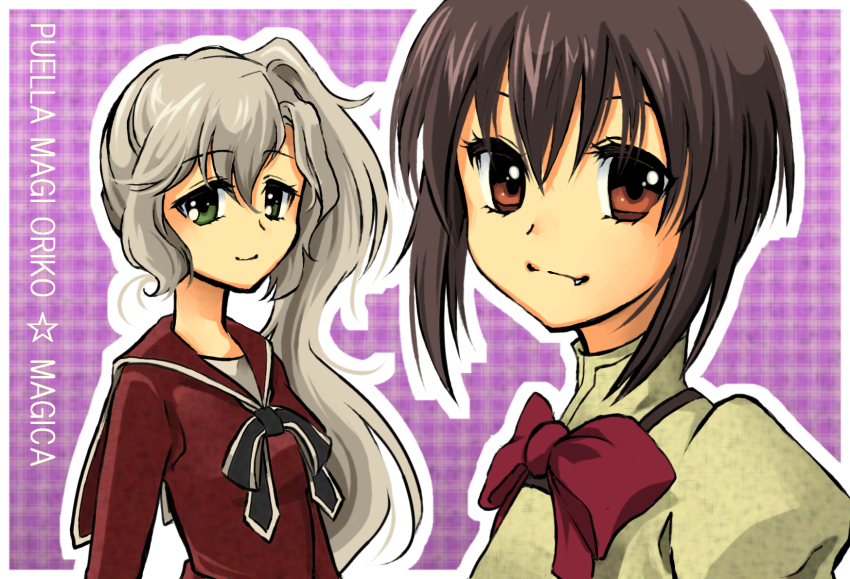 10s 2girls black_hair bow copyright_name fang green_eyes highres kawahara kure_kirika long_hair magical_girl mahou_shoujo_madoka_magica mahou_shoujo_oriko_magica mikuni_oriko multiple_girls puffy_sleeves red_eyes ribbon school_uniform serafuku shiraha_private_academy_school_uniform side_ponytail white_hair