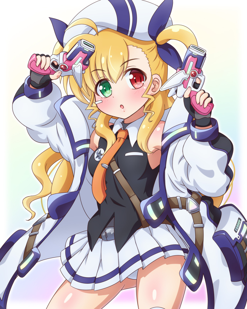 1girl black_shirt cute_weapon dual_wielding gluteal_fold gun hat heterochromia highres holding holding_gun holding_weapon jacket lyrical_nanoha lyrical_store mahou_shoujo_lyrical_nanoha_vivid miniskirt necktie official_alternate_costume open_clothes open_jacket orange_necktie panties pantyshot pleated_skirt shirt skirt solo twintails underwear vivio weapon yosuzu
