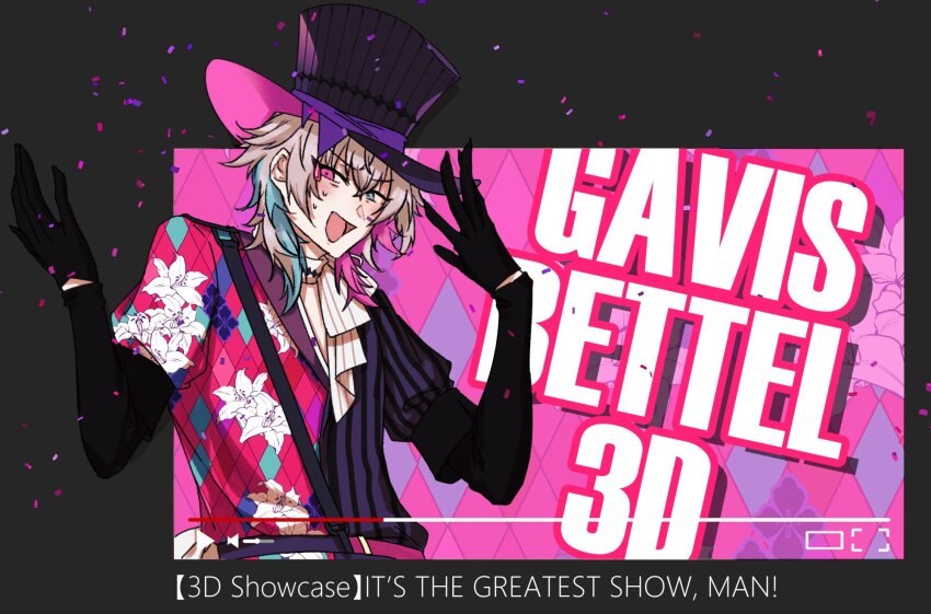 1boy bishounen black_gloves blue_eyes blue_hair coat commentary confetti diamond_choker english_commentary english_text eyelashes floral_print gavis_bettel gavis_bettel_(1st_costume) gloves grey_hair hair_between_eyes hat hat_ribbon heterochromia highres holostars holostars_english lily_print looking_at_viewer male_focus medium_hair multicolored_coat multicolored_hair multiple_boys nynna_n open_mouth pink_eyes pink_hair ribbon scarf smile solo striped_coat sweat title top_hat upper_body vertical-striped_coat video_thumbnail virtual_youtuber white_scarf