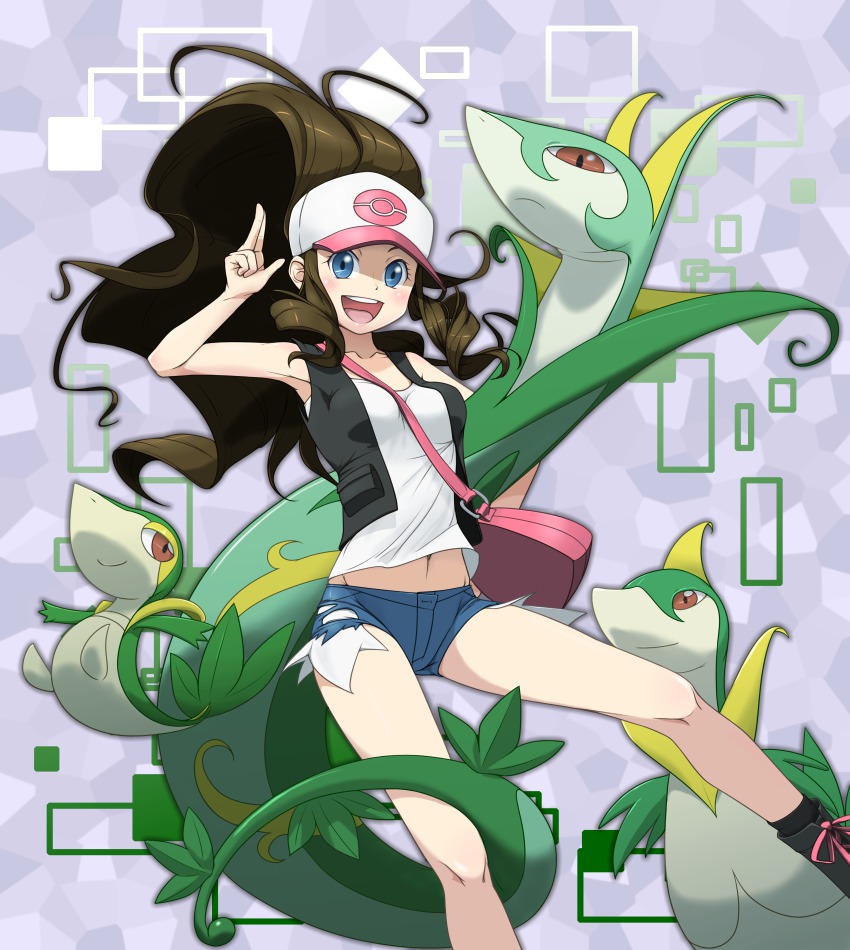 10s 1girl absurdres bag baseball_cap blue_eyes breasts brown_hair denim denim_shorts gen_5_pokemon hat highres hilda_(pokemon) jinteitei legs long_hair midriff navel nintendo pokemon pokemon_(creature) pokemon_bw ponytail serperior servine shorts small_breasts snivy vest