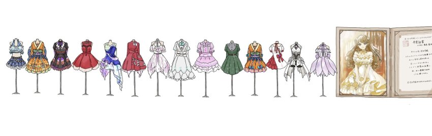 1girl aurora_flower_(love_live!) bare_shoulders black_dress blue_dress blue_skirt brown_hair clothing_cutout coat_dress collarbone commentary dakishimeru_hanabira denim denim_skirt diploma diploma_folder do!_do!_do!_(love_live!) dress fanfare!!!_(love_live!) frilled_dress frilled_skirt frills fujishima_megumi green_dress happy_shijo_shugi! hashtag-only_commentary highres identity_(love_live!) itsudemo_itsumademo_(love_live!) japanese_clothes kimono layered_dress link!_like!_love_live! link_to_the_future_(love_live!) long_hair love_live! mannequin milk_(love_live!) miniskirt miracreation/elegance natsumeki_pain off-shoulder_dress off_shoulder orange_kimono pink_dress pink_shirt pink_skirt puffy_short_sleeves puffy_sleeves purple_eyes red_dress shirt short_dress short_sleeves shoulder_cutout simple_background skirt skp1cnqfehmpasi sleeveless sleeveless_dress smile solo standing translation_request trick_&amp;_cute_(love_live!) tsubasa_la_liberte two_side_up v_arms very_long_hair virtual_youtuber white_background white_dress
