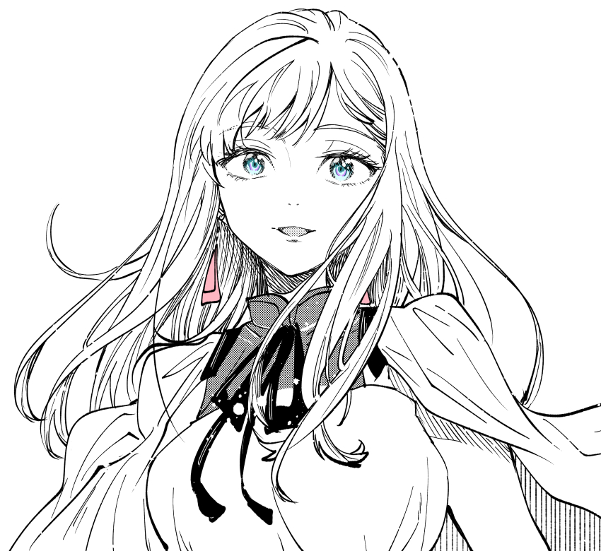 1girl absurdres breasts capelet earrings floating_hair gigi_andalusia gundam gundam_hathaway&#039;s_flash head_tilt highres jewelry kudou_makoto long_hair looking_at_viewer medium_breasts neck_ribbon open_mouth portrait ribbon shirt smile solo spot_color white_background