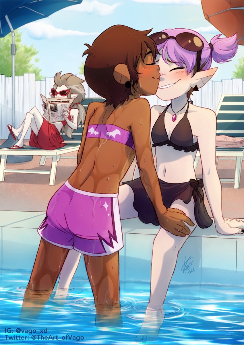 3girls alternate_costume amity_blight ass back bare_arms bare_legs bare_shoulders bikini black_bikini blush breasts brown_hair closed_mouth cloud couple dark-skinned_female dark_skin day disney earrings edalyn_clawthorne grey_hair grin happy highres holding holding_newspaper interspecies jewelry kiss kissing_nose long_hair luz_noceda male_swimwear midriff multiple_girls navel neck necklace newspaper outdoors pointy_ears ponytail pool purple_bikini purple_hair purple_male_swimwear purple_shorts purple_swim_trunks reading sandals short_hair short_ponytail short_shorts shorts signature sitting sky small_breasts smile standing strapless strapless_bikini sunglasses_on_head swim_trunks swimsuit the_owl_house twitter_username umbrella vago water wet white_hair yuri
