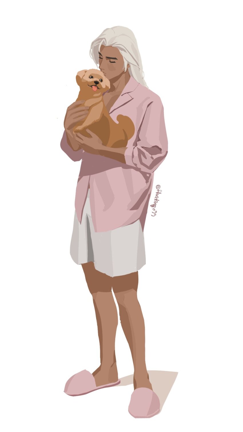 1boy animal commentary_request dark-skinned_male dark_skin dog floatinge99 highres holding holding_animal holding_dog kiss kissing_forehead lapels lifeweaver_(overwatch) long_hair male_focus overwatch overwatch_1 pink_shirt shadow shirt shorts signature simple_background sleeves_rolled_up slippers solo tongue tongue_out twitter_username white_background white_hair white_shorts