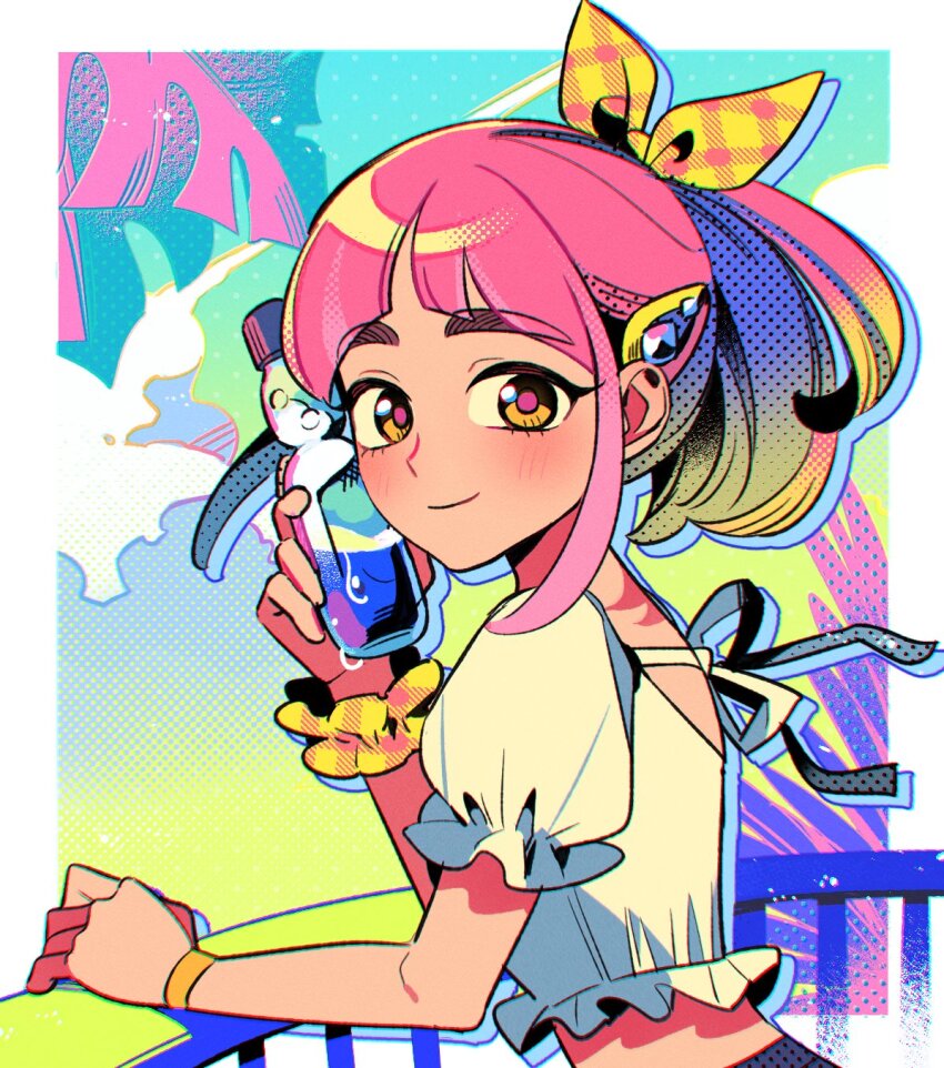 1brad 1girl alternate_costume arched_bangs blush bottle bow closed_mouth cropped_shirt fence from_side hair_ornament hairclip highres holding holding_bottle lacey_(pokemon) looking_at_viewer looking_to_the_side nintendo pink_hair pink_pupils plaid_bow pokemon pokemon_sv scrunchie shirt short_sleeves sidelocks smile solo water_drop wrist_scrunchie wristband yellow_bow yellow_eyes
