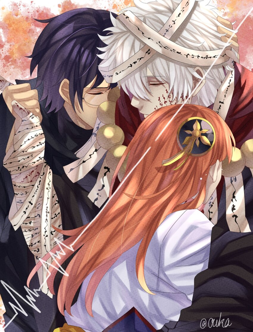 1girl 2boys aged_up bandaged_hand bandaged_head bandages black_hair bun_cover closed_eyes commentary_request gintama gintama_movie_2:_yorozuya_yo_eien_nare glasses hair_bun highres hug japanese_clothes kagura_(gintama) long_hair multiple_boys official_alternate_costume orange_hair oukasakata red_scarf sakata_gintoki scarf shimura_shinpachi short_hair signature white_hair