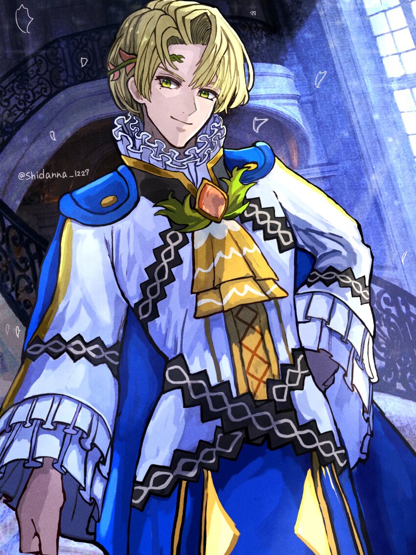 1boy alfred_(fire_emblem) ascot blonde_hair cape circlet closed_mouth fire_emblem fire_emblem_engage frilled_sleeves frills green_eyes highres long_sleeves looking_at_viewer male_focus nintendo shidanna1227 short_hair solo yellow_ascot