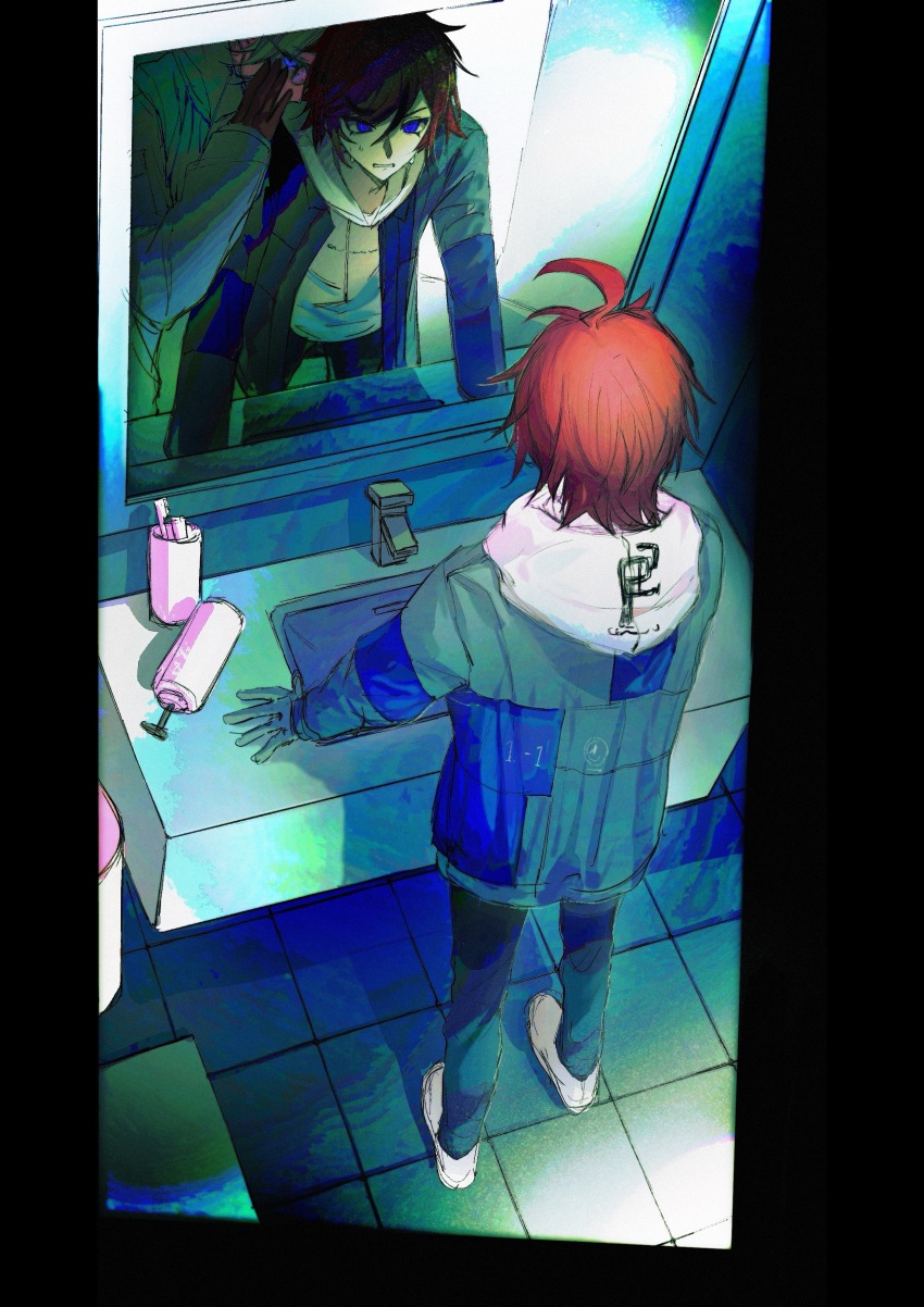 2boys absurdres ahoge aotsuki_eito bathroom black_gloves black_pants black_streaks blue_eyes blue_jacket chinese_commentary clenched_teeth different_reflection glasses gloves grey_hair grey_jacket highres hood hoodie indoors jacket looking_at_mirror male_focus mirror multicolored_hair multicolored_jacket multiple_boys open_clothes open_jacket pants pillarboxed red_hair reflection shoes short_hair sink spoilers streaked_hair sumino_takumi sweat teeth the_hundred_line_-last_defense_academy- two-tone_jacket whispering white_hoodie white_jacket white_shoes wudougewang