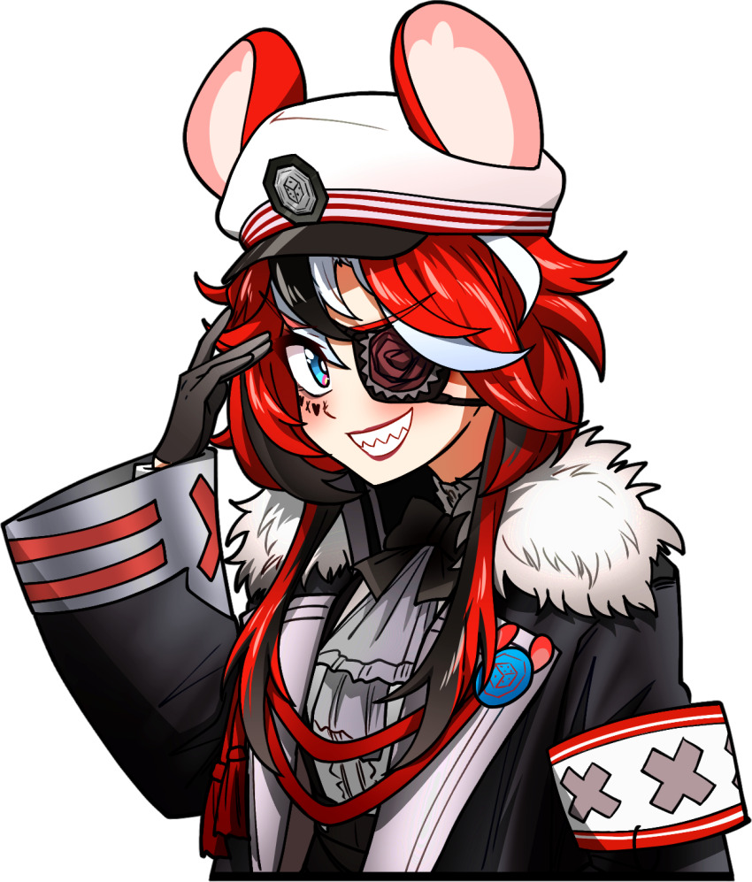 1girl animal_ears ascot black_bow black_bowtie black_gloves black_jacket blue_eyes bow bowtie chuunibyou ddolbang eyepatch gloves grey_ascot hakos_baelz hakos_baelz_(steel_rose) hat highres hololive hololive_english jacket looking_at_viewer mouse_ears mouse_girl multicolored_hair peaked_cap red_hair sharp_teeth smile streaked_hair teeth virtual_youtuber