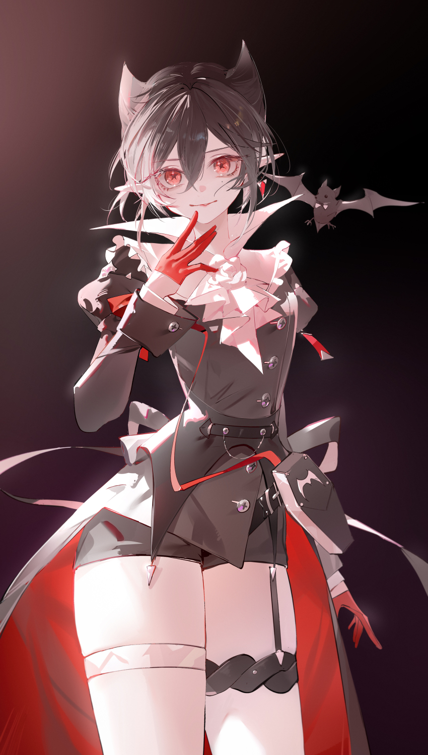 1girl absurdres animal arknights ascot bat_(animal) black_bow black_dress black_hair bow chinese_commentary closed_mouth commentary cowboy_shot dress entelechia_(arknights) gloves hair_between_eyes hair_horns half_gloves hand_to_own_mouth highres long_sleeves looking_at_viewer luozhou_pile mole mole_under_eye pointy_ears red_eyes red_gloves short_hair solo standing star-shaped_pupils star_(symbol) symbol-shaped_pupils thigh_strap white_ascot