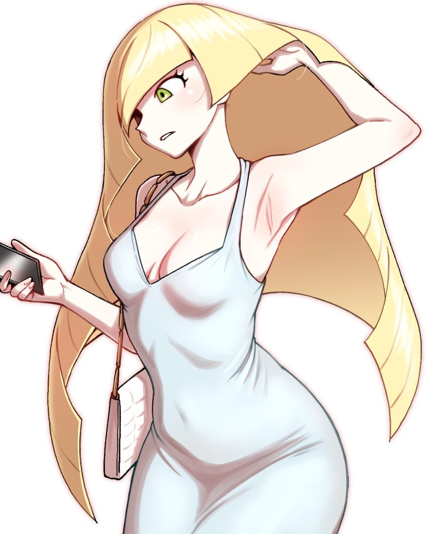 1girl armpits bag bare_shoulders blonde_hair breasts cleavage collarbone dress eyelashes female_focus green_eyes handbag highres holding holding_phone long_hair lusamine_(pokemon) mature_female navel nintendo nutkingcall pale_skin phone pokemon pokemon_sm skin_tight small_breasts solo standing white_dress white_purse