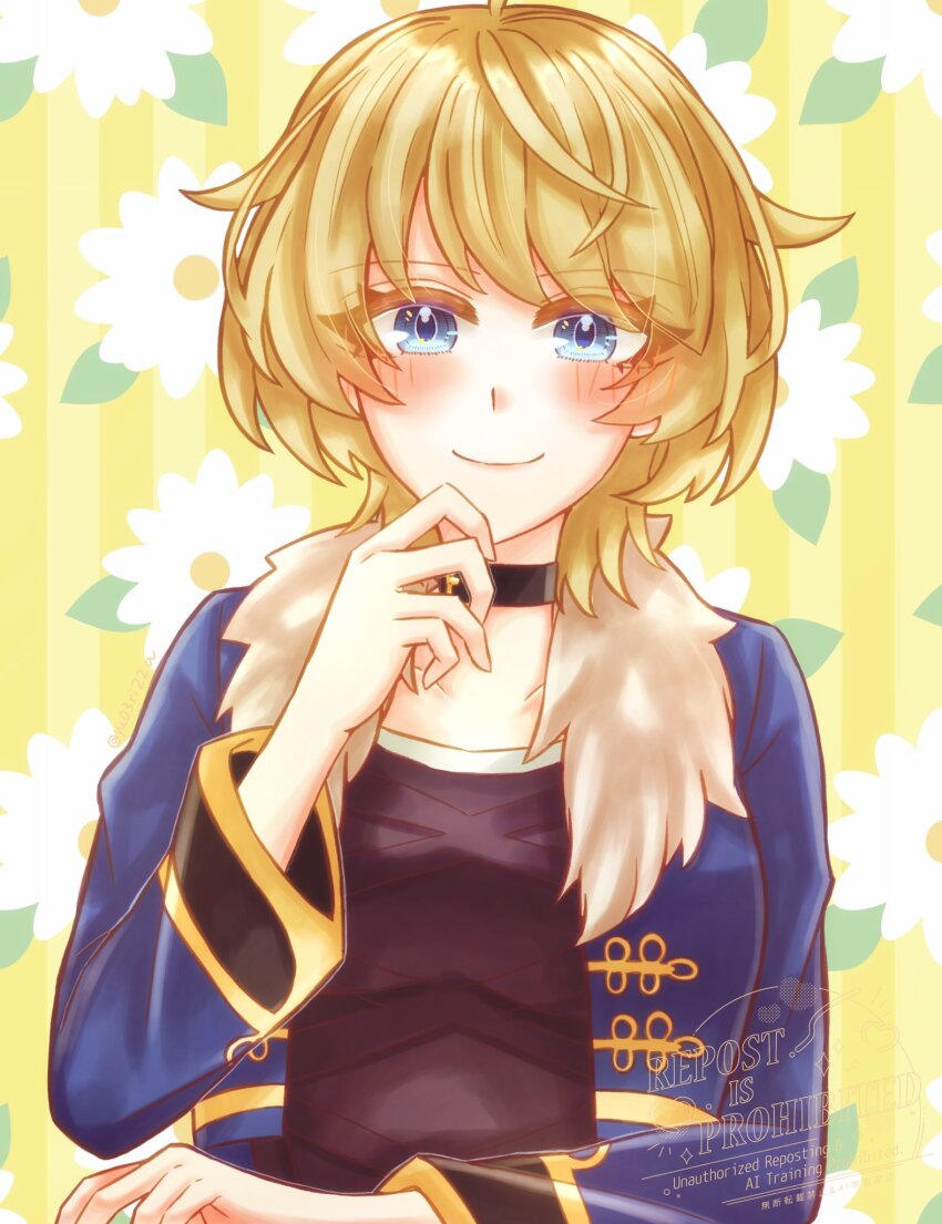 1girl ahoge blonde_hair blue_eyes blue_jacket fire_emblem fire_emblem_engage fur-trimmed_jacket fur_sleeves fur_trim highres jacket looking_at_viewer merrin_(fire_emblem) nintendo smile solo yuria0322