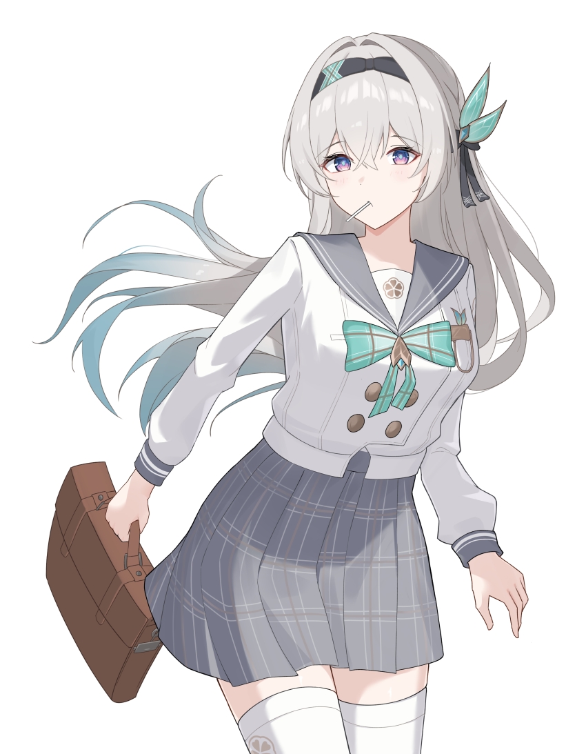 1girl absurdres bag black_bow black_hairband blue_eyes blue_pupils bow bowtie breasts brown_bag buttons commentary double-breasted firefly_(honkai:_star_rail) firefly_(spring_missive)_(honkai:_star_rail) gradient_hair green_bow green_bowtie green_hair grey_hair grey_sailor_collar grey_skirt hair_between_eyes hair_bow hair_intakes hairband highres holding holding_bag honkai:_star_rail honkai_(series) light_blush lollipop_in_mouth long_hair long_sleeves looking_at_viewer medium_breasts multicolored_eyes multicolored_hair nicel official_alternate_costume purple_eyes sailor_collar school_bag school_uniform serafuku shirt simple_background skirt solo thighhighs two-tone_eyes white_background white_shirt white_thighhighs zettai_ryouiki