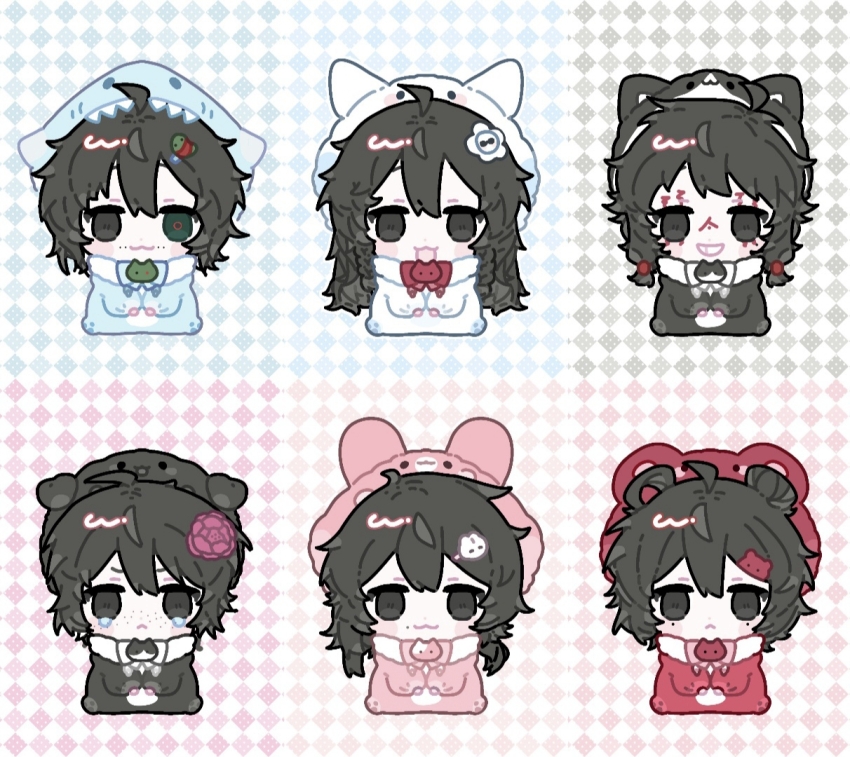 2girls 4boys :&lt; :3 ahoge alternate_costume alternate_hair_color animal_costume argyle_background black_eyes black_hair blush_stickers cat_costume chibi chibi_only chinese_commentary closed_mouth commentary_request cosplay dog_costume facial_tattoo flower freckles fu_shun_(touqi_guaitan) green_eyes grin hair_bun hair_flower hair_ornament hair_rings heterochromia hua_jin kigurumi li_yuting_(female) long_sleeves luren948 medium_hair mo_chengwei mole mole_on_cheek mole_under_each_eye mole_under_eye mouse_costume mouse_hair_ornament multiple_boys multiple_girls multiple_moles naihe_(male)_(touqi_guaitan) open_mouth pink_flower rabbit_costume rabbit_hair_ornament shark_costume single_hair_bun single_hair_ring smile tattoo tearing_up touqi_guaitan ziche_fuzhao