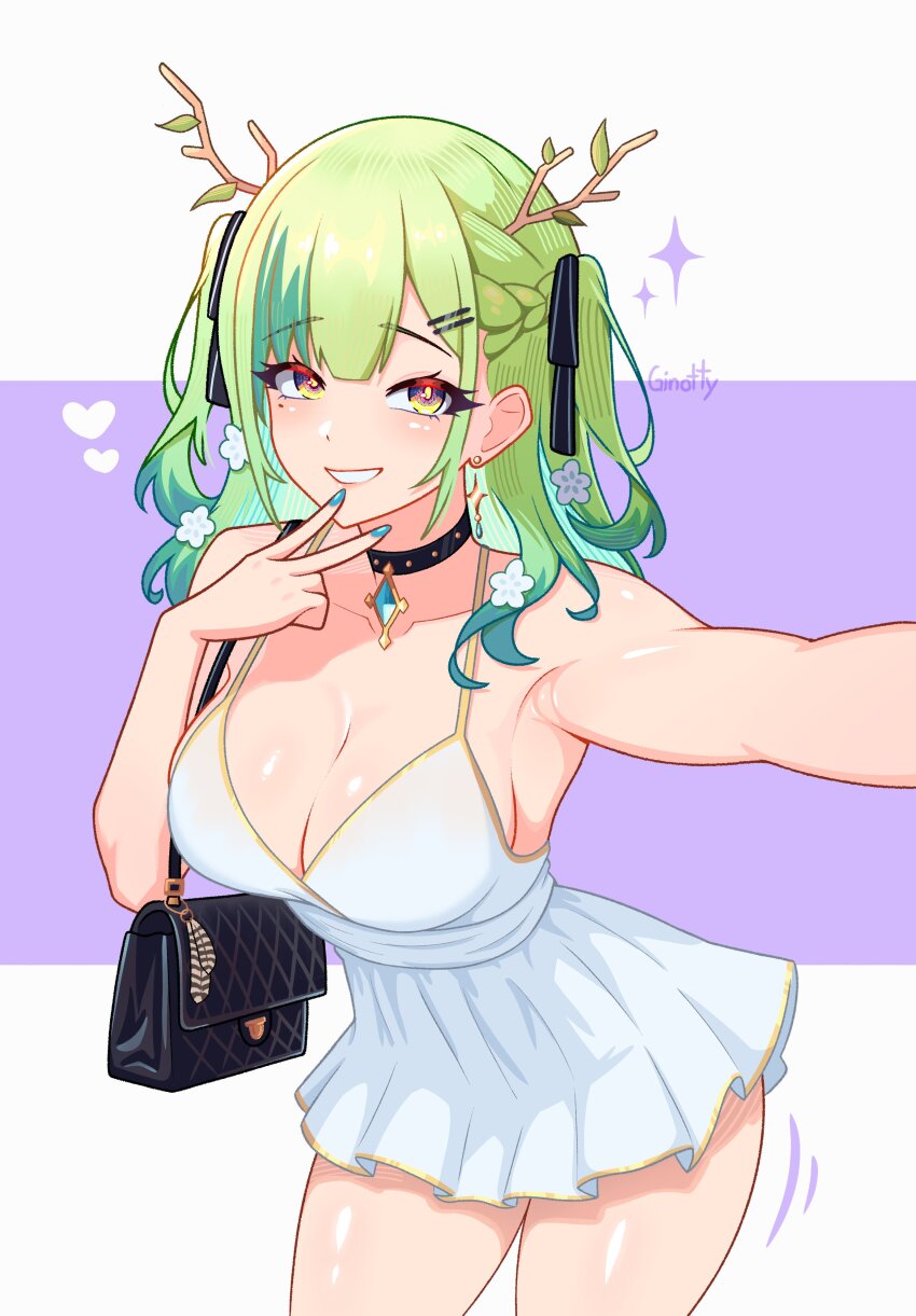 1girl absurdres alternate_costume antlers armpits artist_name bag bare_shoulders black_choker black_ribbon blush braid branch breasts ceres_fauna choker cleavage commentary cowboy_shot dress earrings english_commentary fingernails flower gem ginotty green_gemstone green_hair green_nails grin hair_flower hair_ornament hair_ribbon hairpin hand_up heart highres hololive hololive_english horns jewelry large_breasts leaf long_fingernails long_hair looking_at_viewer mole mole_under_eye motion_lines multiple_hairpins nail_polish outstretched_arm pendant_choker purple_background ribbon shiny_skin shoulder_bag sleeveless sleeveless_dress smile solo standing two-tone_background two_side_up v virtual_youtuber white_background white_dress white_flower yellow_eyes