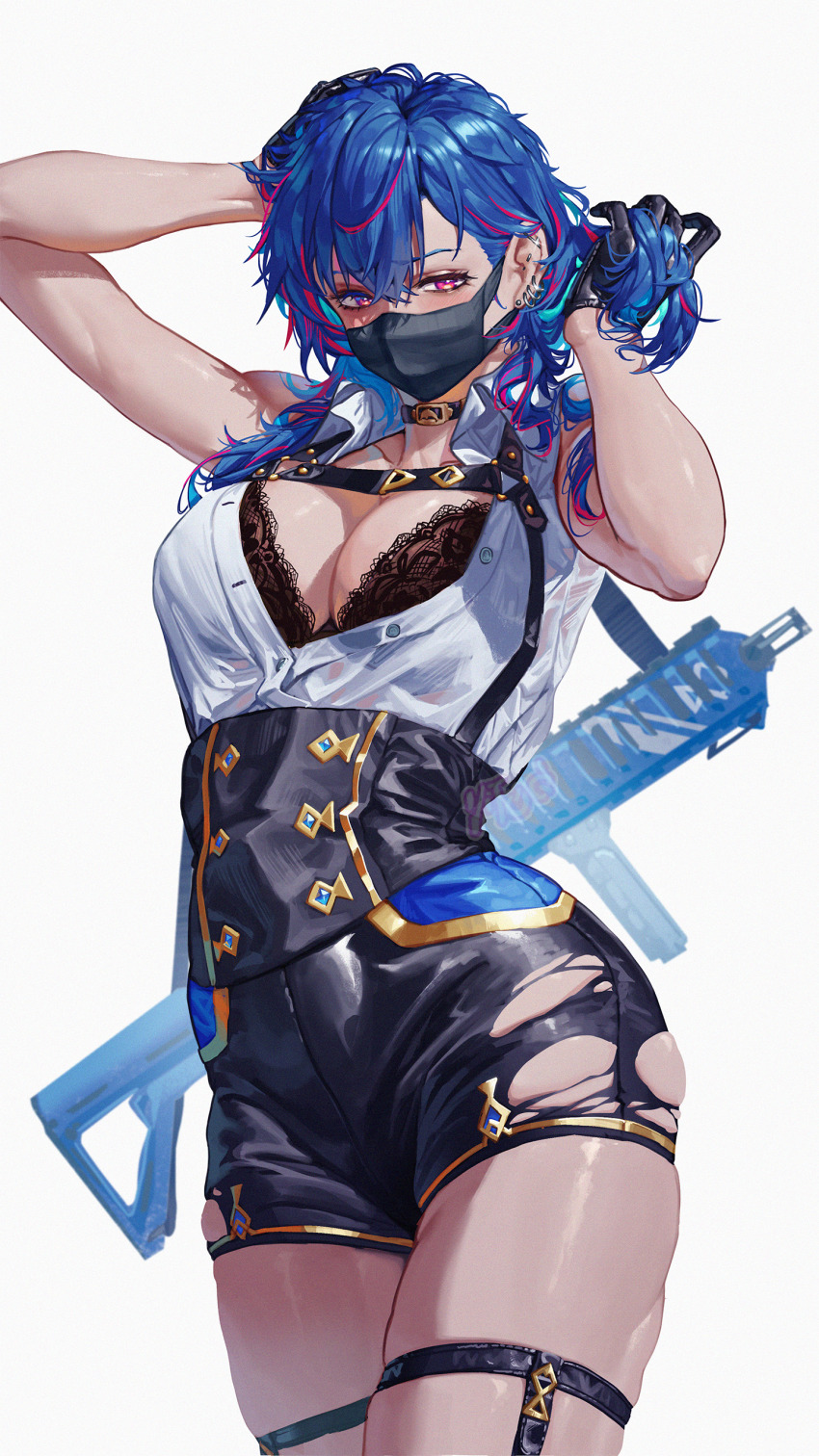 1girl absurdres arms_up assault_rifle black_bra black_choker black_gloves black_mask blue_hair bra breasts chest_belt choker cleavage commentary ear_piercing english_commentary gloves gun half_gloves hand_in_own_hair highres lace lace_bra large_breasts looking_at_viewer m4_carbine mask medium_hair mouth_mask multicolored_hair nijisanji nishizono_chigusa nishizono_chigusa_(4th_costume) open_clothes open_shirt orewajedman piercing red_eyes red_hair rifle shirt shorts simple_background skindentation solo streaked_hair thigh_strap thighhighs torn_clothes torn_shorts underwear virtual_youtuber weapon white_background white_shirt