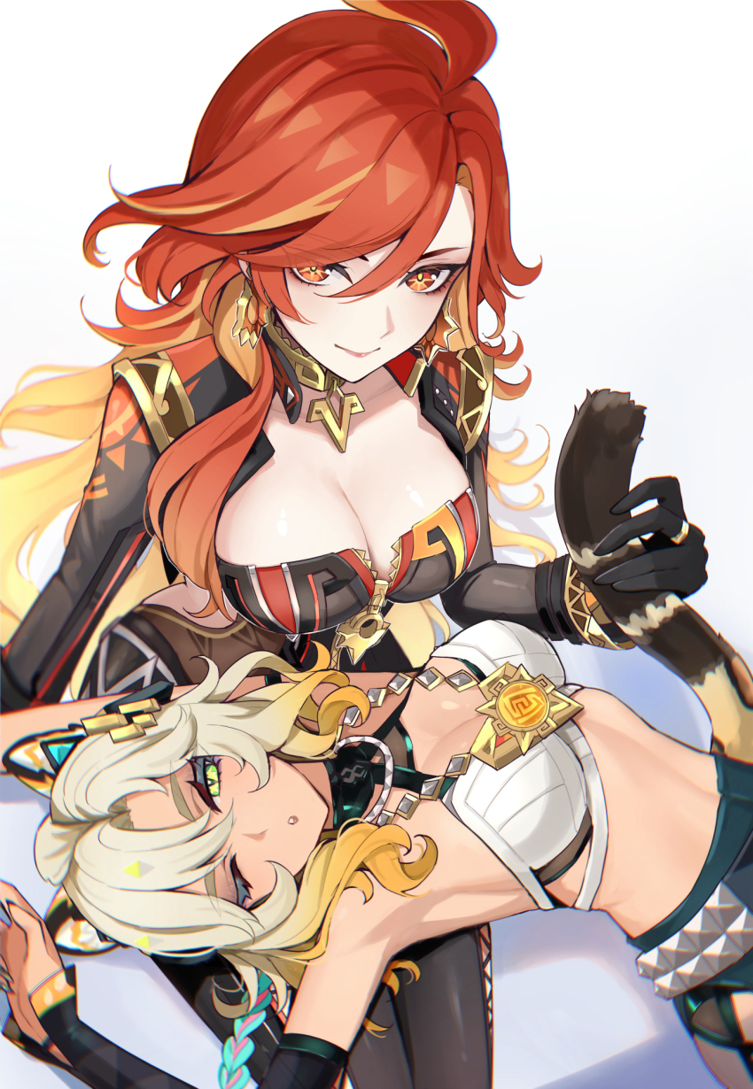 2girls animal_ears armpits biker_clothes black_bodysuit black_gloves blonde_hair bodysuit breasts cleavage closed_mouth earrings genshin_impact gloves green_eyes grey_hair hair_between_eyes highres holding_another&#039;s_tail jaguar_ears jaguar_girl jaguar_tail jewelry large_breasts looking_at_viewer lying_on_lap mavuika_(genshin_impact) multicolored_hair multiple_girls one_eye_closed orange_hair parted_lips red_eyes red_hair shorts simple_background sitting smile stomach tail ura_(hamburg_oniku) white_background xilonen_(genshin_impact)
