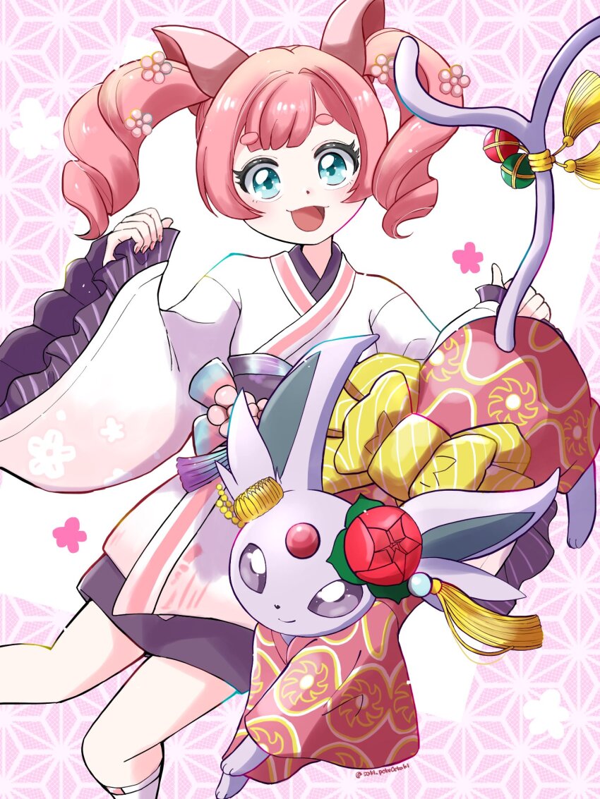 1girl :d animal_ears animal_hands blue_eyes bright_pupils cat_ears clothed_pokemon espeon espeon_(pokebuki) flower forehead_jewel forked_tail full_body game_freak gen_2_pokemon highres japanese_clothes kimono long_sleeves looking_at_viewer nintendo open_mouth pink_hair pink_kimono pokemon pokemon_(creature) pokemon_unite purple_background purple_eyes purple_fur purple_sash red_flower saki_pokeoekaki sash simple_background smile standing tail twintails white_kimono white_pupils yellow_sash