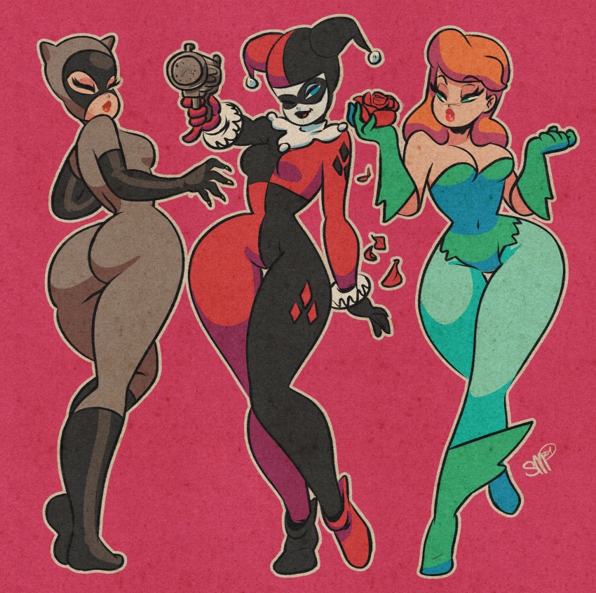 3girls absurdres ass batman_(series) breasts catwoman dc_comics flower gun harley_quinn highres hot multiple_girls pinup_(style) poison poison_ivy pop_gun sgtmadness toon_(style) weapon