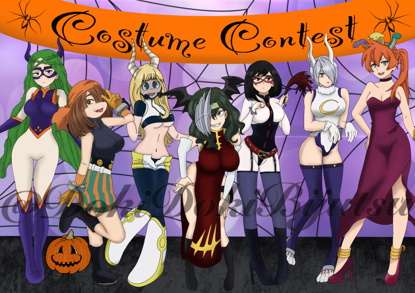 absurdres battle_fist boku_no_hero_academia bubble_girl_(boku_no_hero_academia) bubble_girl_(cosplay) cosplay emily highres kendou_itsuka kodai_yui komori_kinoko lizardy midnight_(boku_no_hero_academia) midnight_(boku_no_hero_academia)_(cosplay) mirko mirko_(cosplay) mount_lady mount_lady_(cosplay) ms._joke ms._joke_(cosplay) plant rocketti rule shemage shiozaki_ibara tokage_setsuna tsunotori_pony vines yanagi_reiko