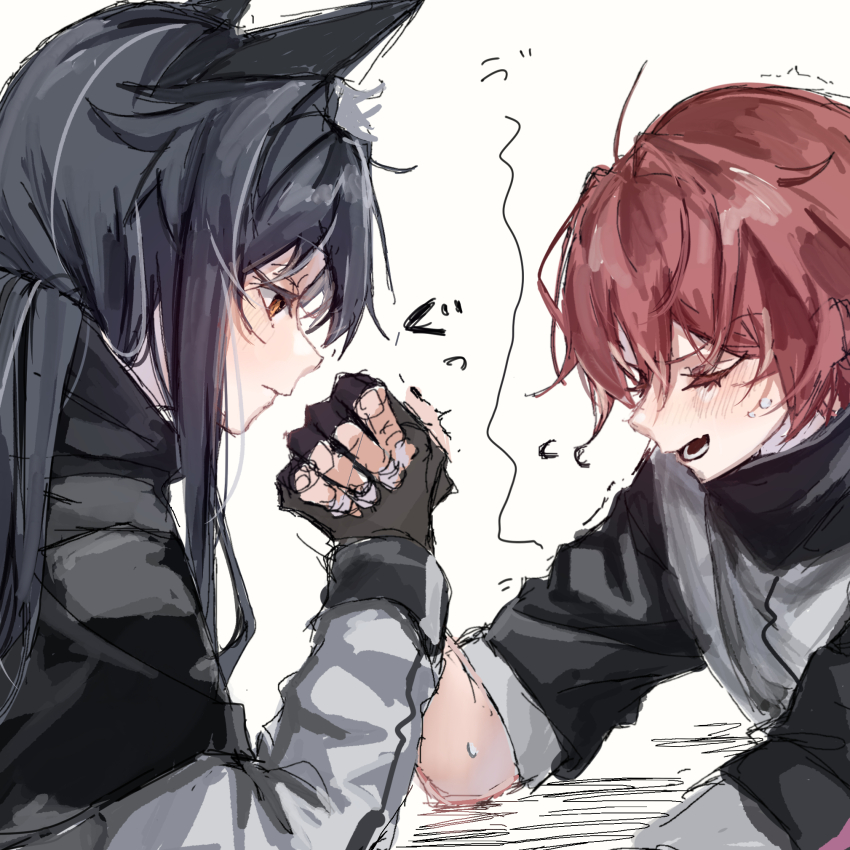 2girls animal_ears arknights arm_wrestling black_gloves black_hair black_jacket blush closed_eyes closed_mouth commentary_request exusiai_(arknights) fingerless_gloves from_side gloves grey_jacket highres holding_hands jacket long_hair long_sleeves looking_down marin_(pixiv_id_77945339) multiple_girls open_mouth orange_eyes pink_hair profile short_hair short_sleeves simple_background sketch sound_effects texas_(arknights) upper_body white_background wolf_ears wolf_girl
