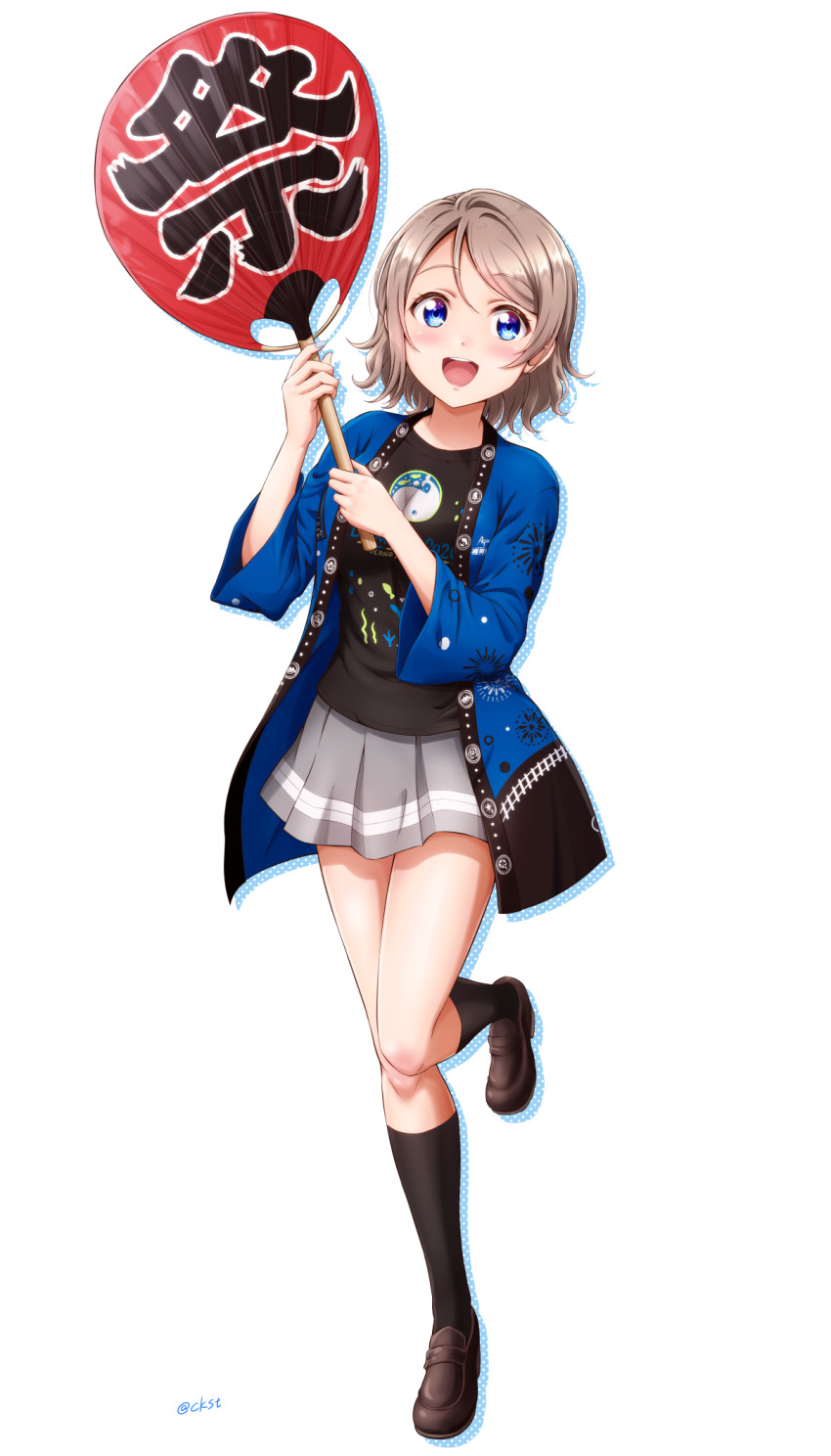 1girl :d black_shirt black_socks blue_eyes blush brown_hair brown_shoes ckst full_body grey_skirt hair_between_eyes happi highres japanese_clothes kneehighs loafers looking_at_viewer love_live! love_live!_sunshine!! miniskirt open_mouth pleated_skirt shirt shoes short_hair simple_background skirt smile socks solo standing standing_on_one_leg swept_bangs watanabe_you white_background