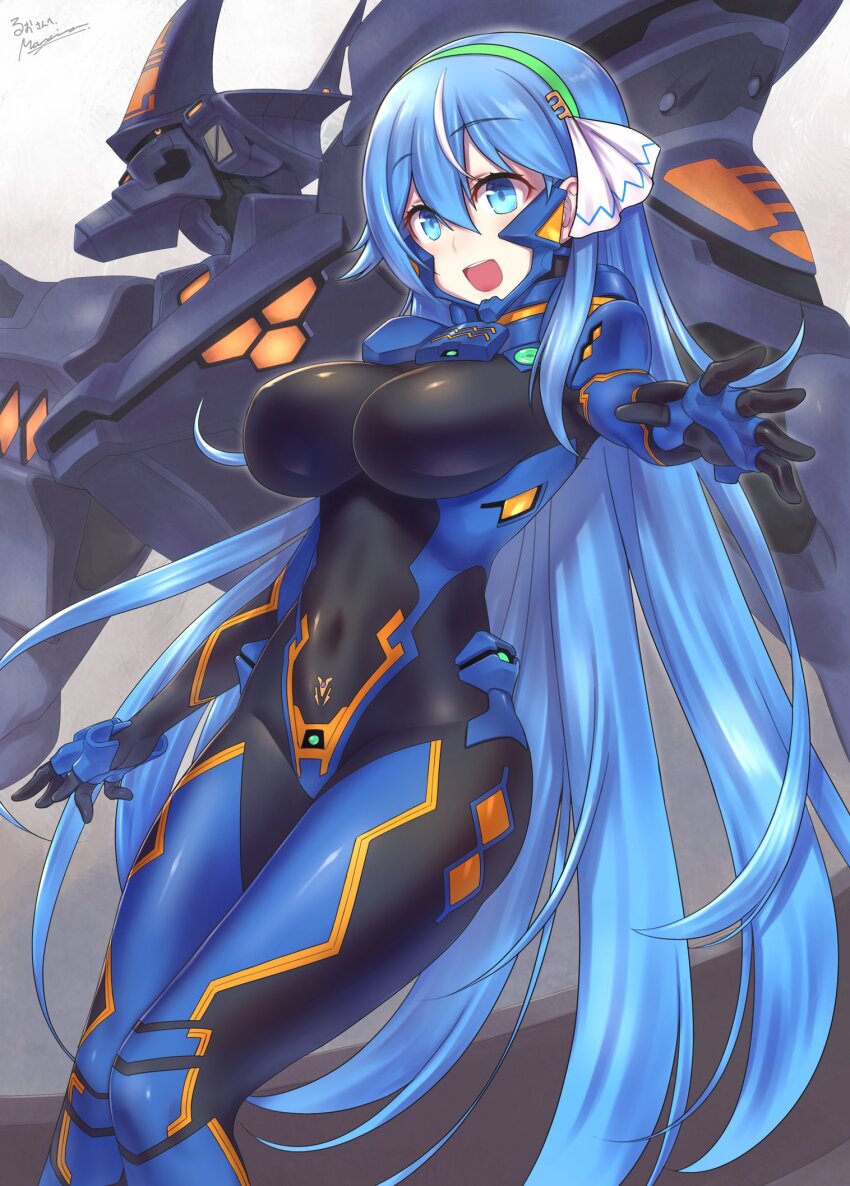 1girl blue_eyes bodysuit breasts character_name commentary_request commission commissioner_insert commissioner_name fortified_suit green_hairband hairband highres impossible_bodysuit impossible_clothes indie_virtual_youtuber large_breasts long_hair looking_at_viewer makishima_azusa mecha mecha_pilot_suit multicolored_hair muv-luv muv-luv_alternative open_hand open_mouth orange_eyes robot ruo_(vtuber) sample_watermark science_fiction second-party_source signature skeb_commission skin_tight smile streaked_hair tactical_surface_fighter type_00_takemikazuchi very_long_hair virtual_youtuber watermark white_hair