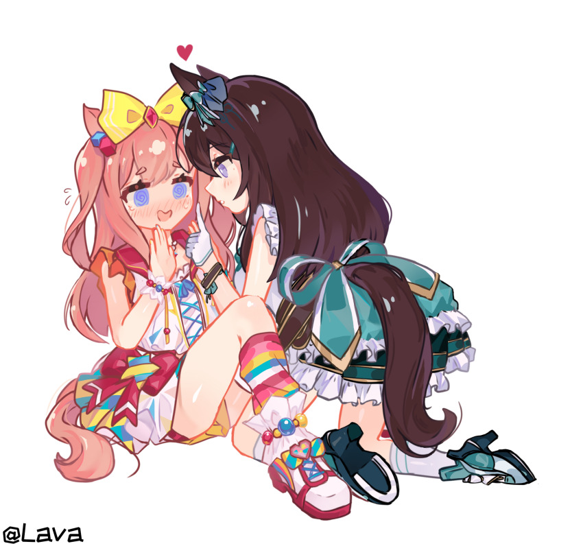 2girls @_@ agnes_digital_(full-color_fangirling)_(umamusume) agnes_digital_(umamusume) animal_ears artist_name bead_necklace beads blush bow brown_hair center_frills commentary ear_bow ear_ornament frills gloves green_bow green_skirt heart highres horse_ears horse_girl horse_tail jewelry lava12653 mejiro_dober_(twisted_line)_(umamusume) mejiro_dober_(umamusume) multiple_girls necklace open_mouth pink_hair purple_eyes shirt single_wrist_cuff skirt sleeveless sleeveless_shirt sweat symbol-only_commentary tail umamusume white_background white_gloves wrist_cuffs yellow_bow yuri