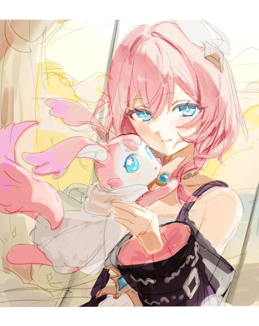 1girl absurdres blue_eyes coat commentary_request cyrene_(honkai:_star_rail) hair_ornament highres honkai:_star_rail honkai_(series) jewelry medium_hair mem_(honkai:_star_rail) necklace on_swing pink_fur pink_hair purple_coat roena short_hair smile star-shaped_pupils star_(symbol) swing symbol-shaped_pupils tail tree