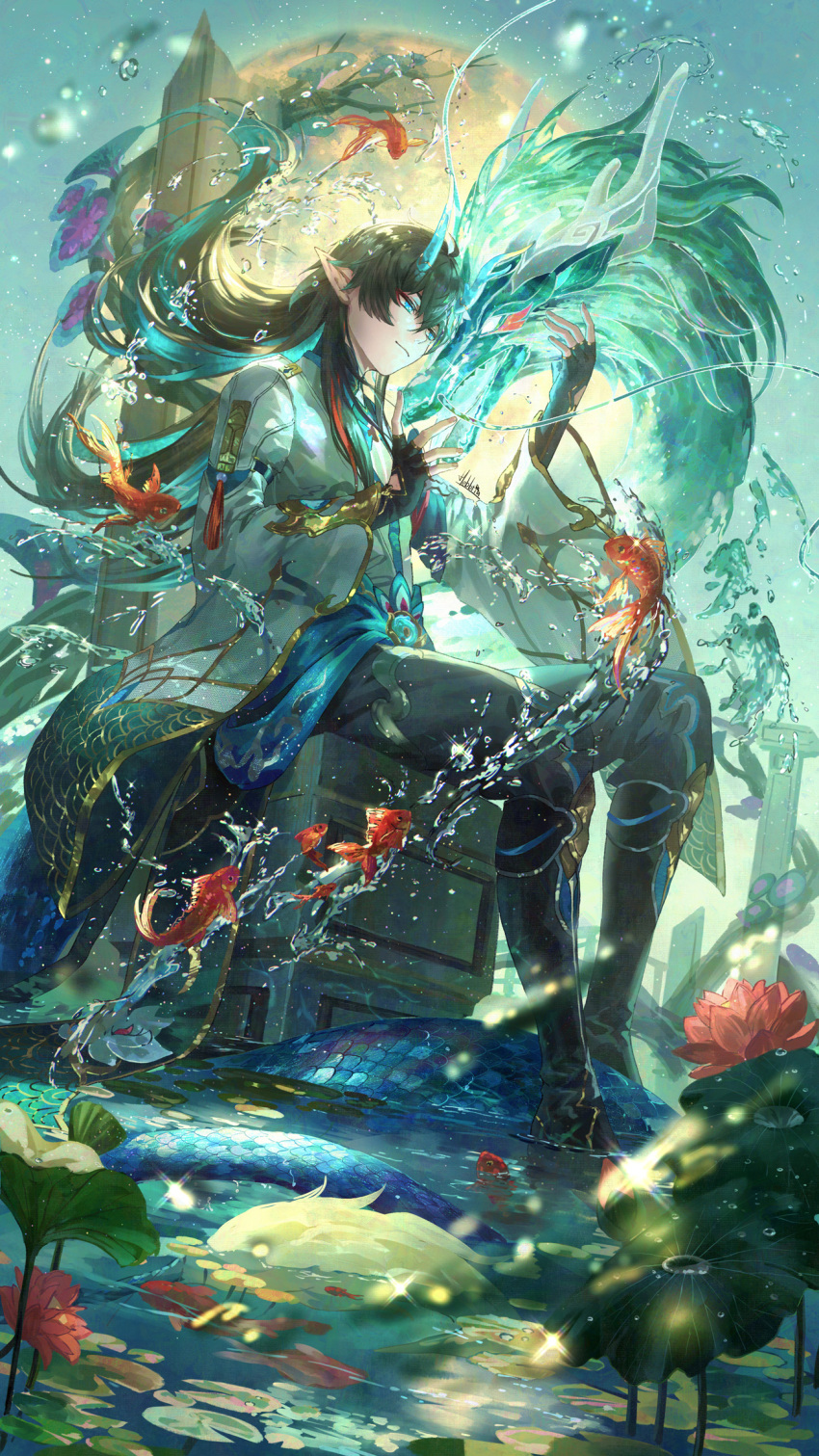 1boy black_hair black_pants chinese_clothes closed_mouth clothing_request coat commentary_request dan_heng_(honkai:_star_rail) dan_heng_(imbibitor_lunae)_(honkai:_star_rail) dragon eastern_dragon eastern_dragon_horns floating_hair full_body green_eyes green_horns green_theme hebbtia highres honkai:_star_rail honkai_(series) horns light_smile male_focus pants pointy_ears sitting solo water white_coat