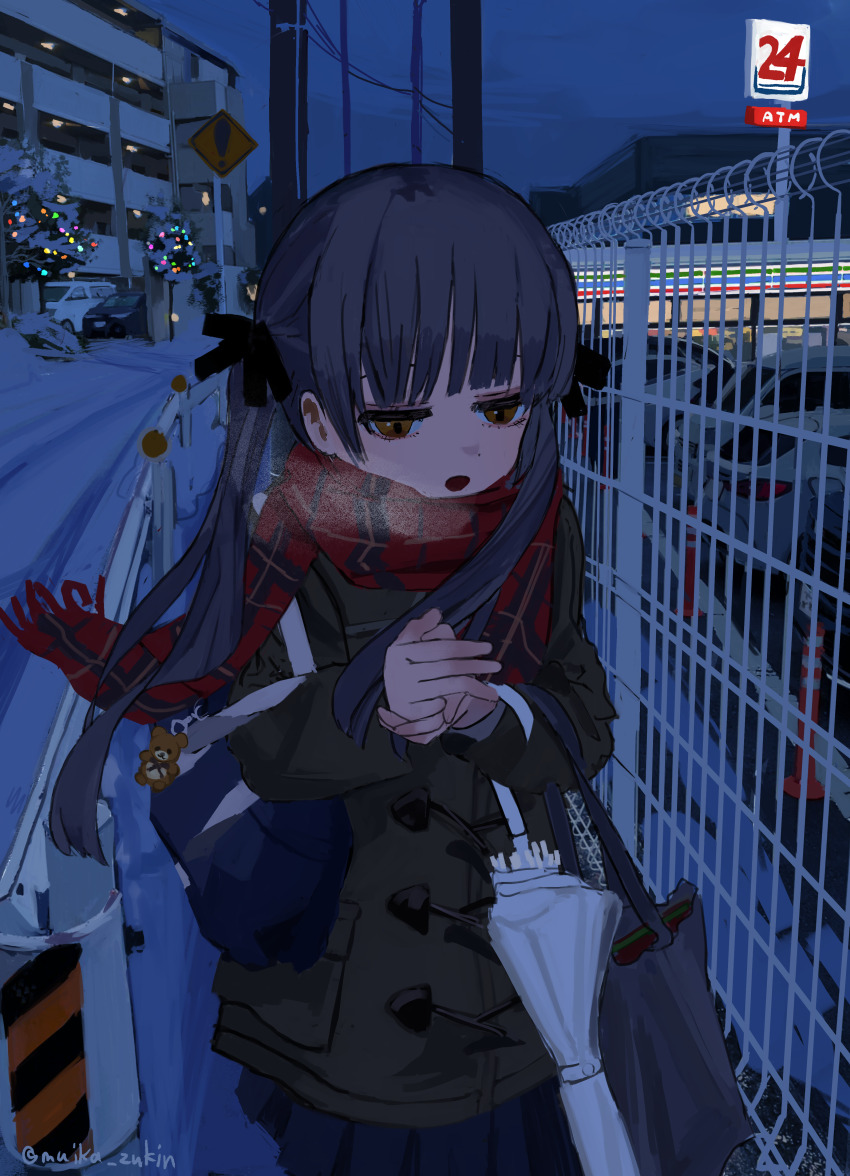1girl absurdres bag black_bow bow breath brown_eyes building car christmas_tree coat cold fence hair_bow highres holding holding_umbrella jitome motor_vehicle night open_mouth original outdoors overcast own_hands_together plaid_clothes plaid_scarf pleated_skirt red_scarf road road_sign scarf sign skirt sky slice_of_life snow solo twintails umbrella wanigumo warming_hands winter winter_clothes