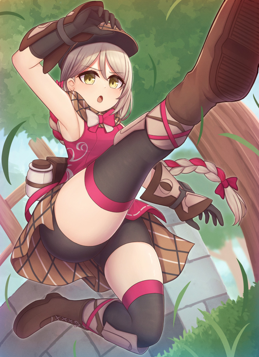 1girl absurdres armpits atorie bike_shorts blonde_hair brown_scarf eyeshadow fire_emblem fire_emblem_engage flannel flying_kick framme_(fire_emblem) highres imminent_kick kickboxing kicking knee_guards makeup martial_arts nintendo pink_eyeshadow plaid_clothes plaid_headwear plaid_scarf scarf wrist_guards yellow_eyes