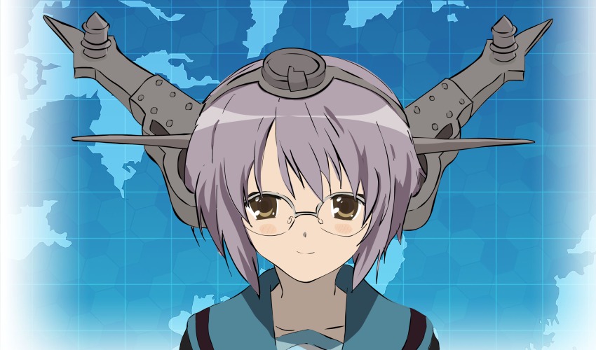 10s 1girl brown_eyes busymin cosplay female_focus glasses headgear hexagon highres kantai_collection map nagato_(kancolle) nagato_(kancolle)_(cosplay) nagato_yuki name_connection purple_hair school_uniform semi-rimless_eyewear serafuku short_hair smile solo suzumiya_haruhi_no_yuuutsu